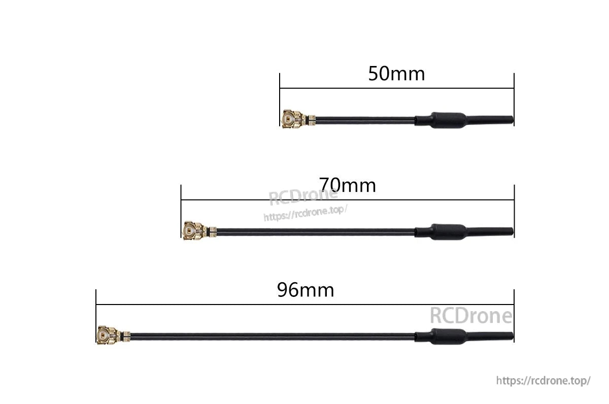 Coax antenna pigtail with small U.FL-style connector, available in 50mm, 70mm, and 96mm lengths.