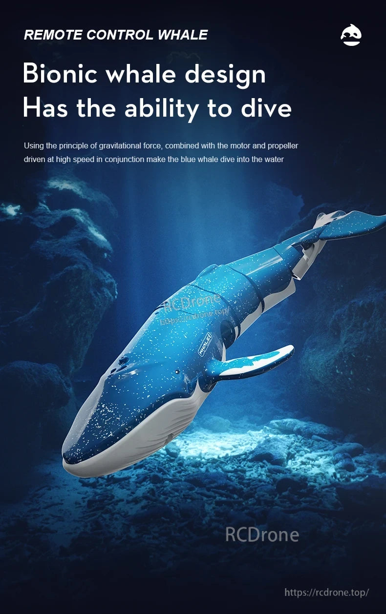 Consea RC Submarine, Remote control bionic whale with diving ability using gravity, motor, and high-speed propeller.