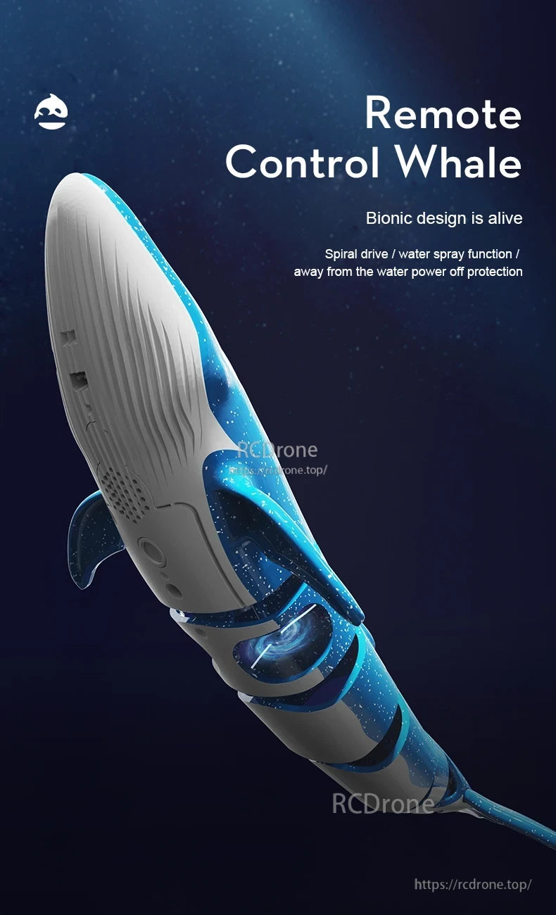 Consea RC Submarine, Remote Control Whale with bionic design, spiral drive, water spray, and auto power off protection.