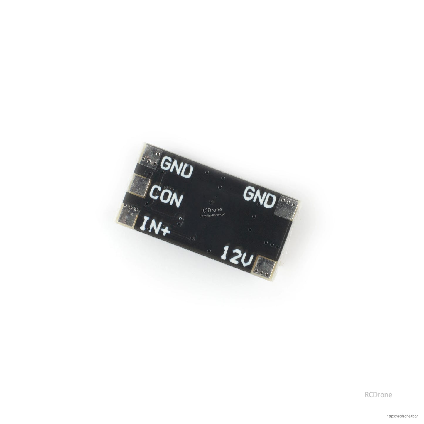 Bottom side of BEC board with solder pads and printed labels GND, CON, IN+, and 12V