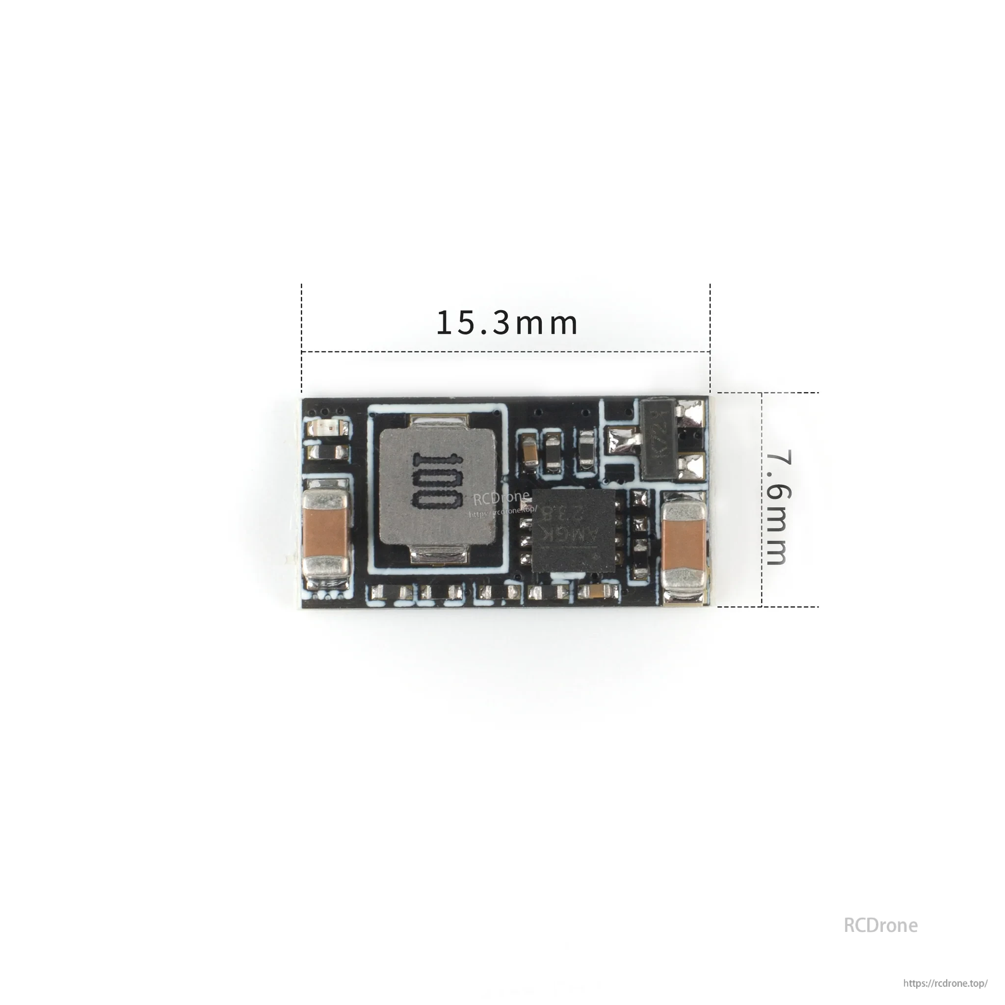 Controllable BEC 12V regulator board with component layout and size marked 15.3 mm × 7.6 mm