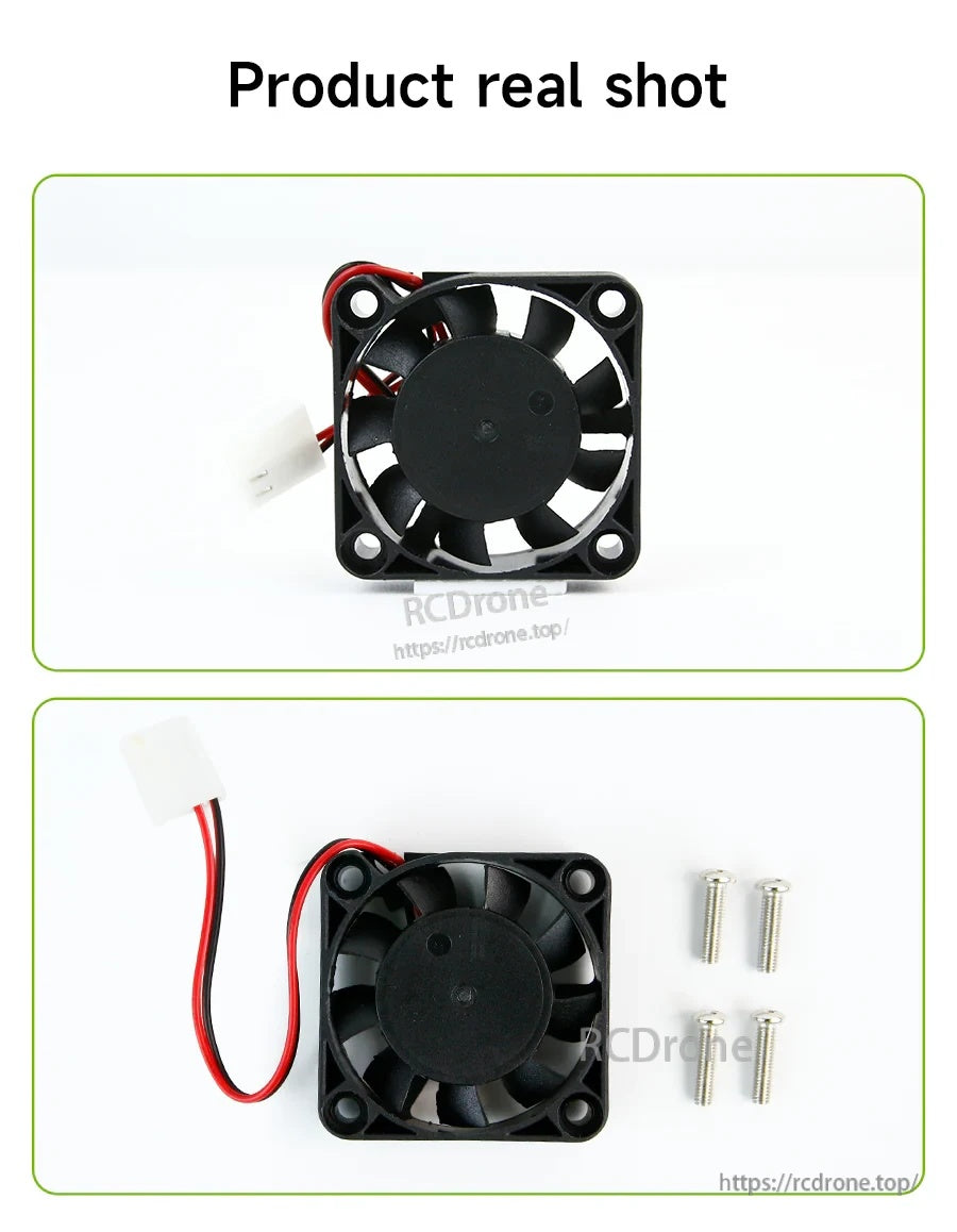 Real product photos of the 40mm cooling fan with 4-pin connector and included mounting screws