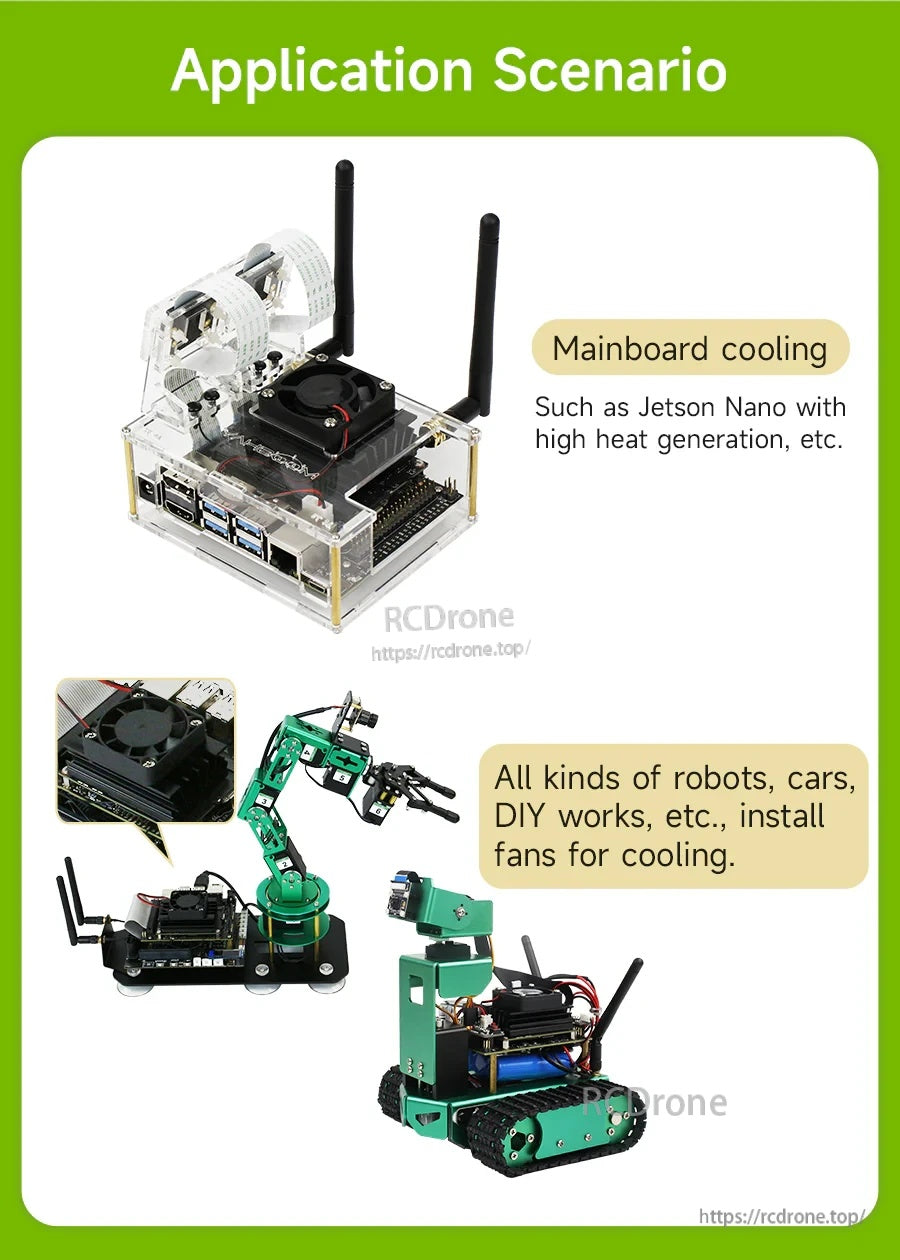 Application examples for the 40mm cooling fan on Jetson Nano builds, robots, and DIY/RC projects