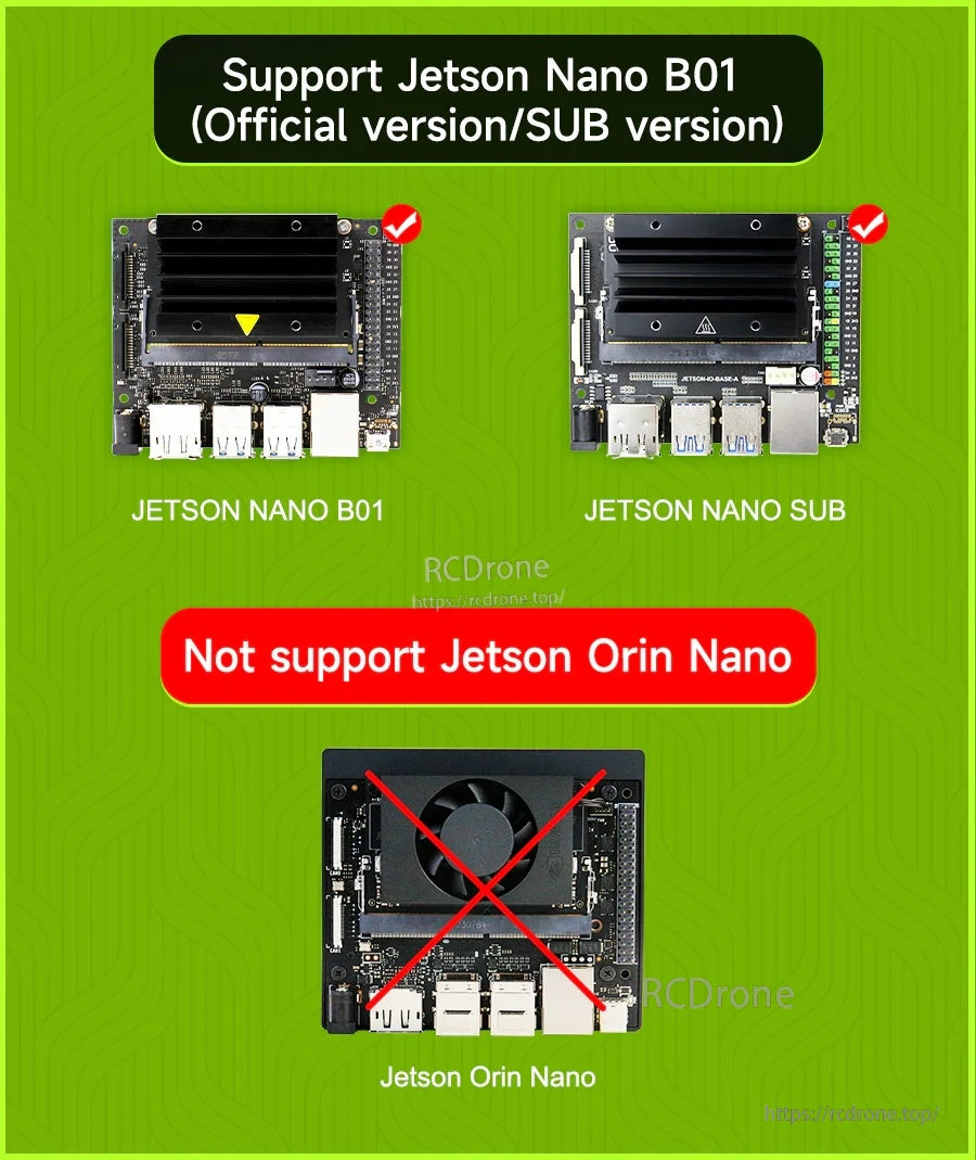 Compatibility chart for the Jetson Nano cooling fan: supports Nano B01/SUB, not for Jetson Orin Nano
