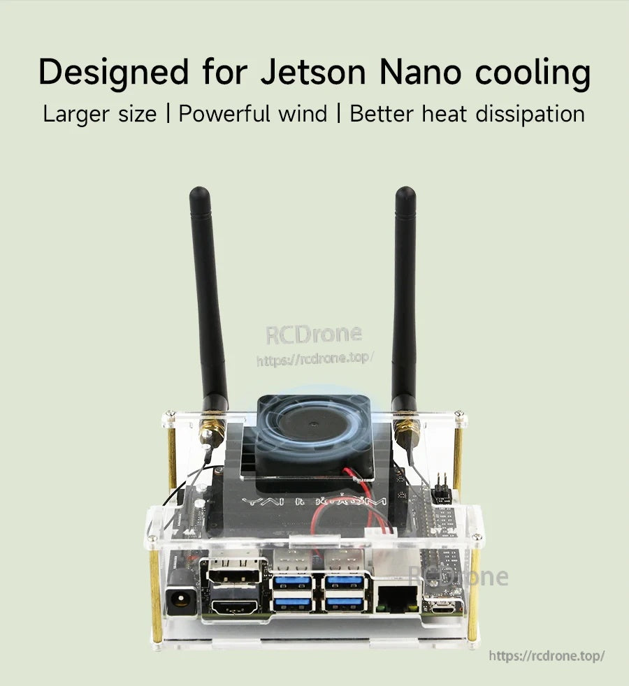 4020 fan installed on a Jetson Nano in an acrylic case for mainboard cooling and heat dissipation