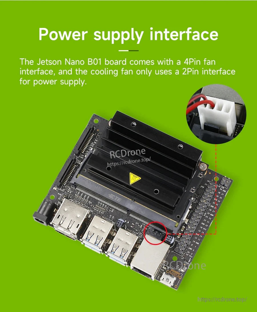 Jetson Nano fan header connection close-up showing 4-pin socket with fan powered via 2-pin supply