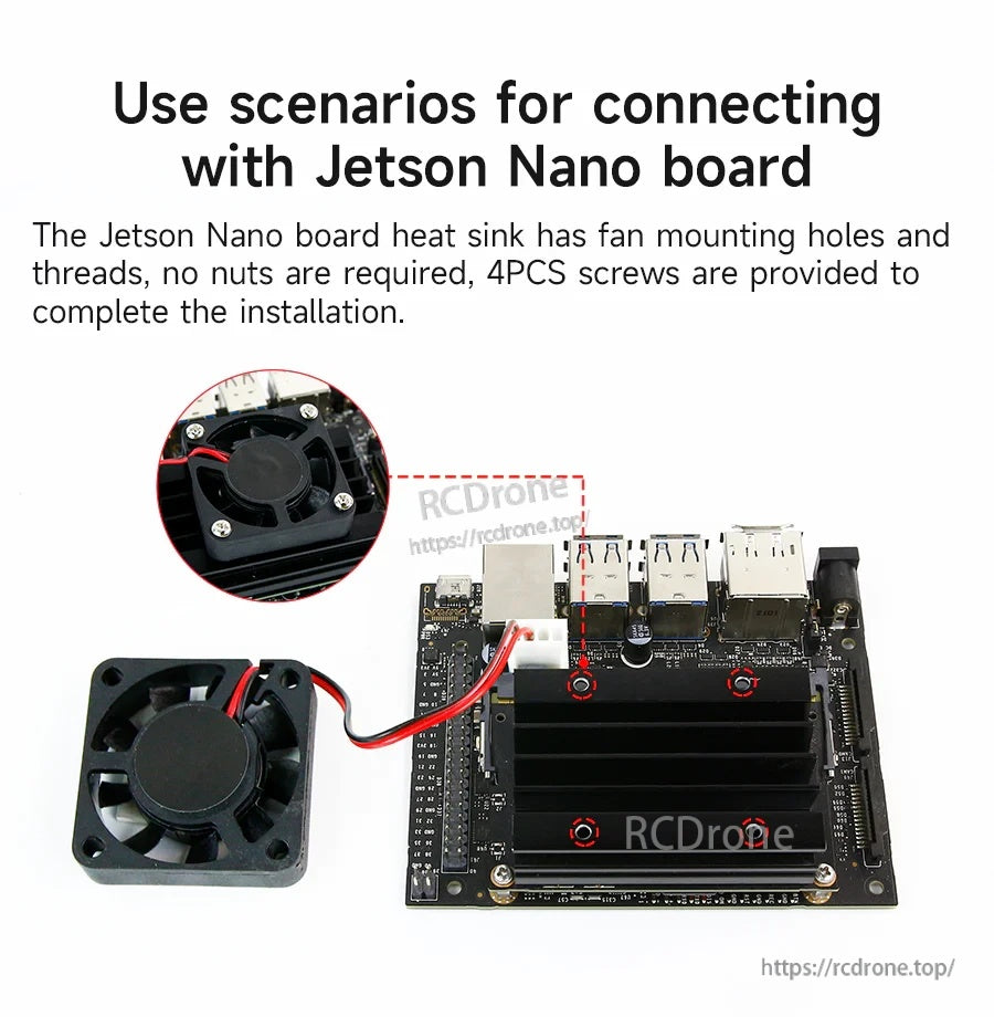 Mounting example: 40mm fan aligned to Jetson Nano heat sink holes and secured with four screws