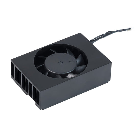 PWM adjustable cooling fan heatsink module, angled top view with side fins and power lead