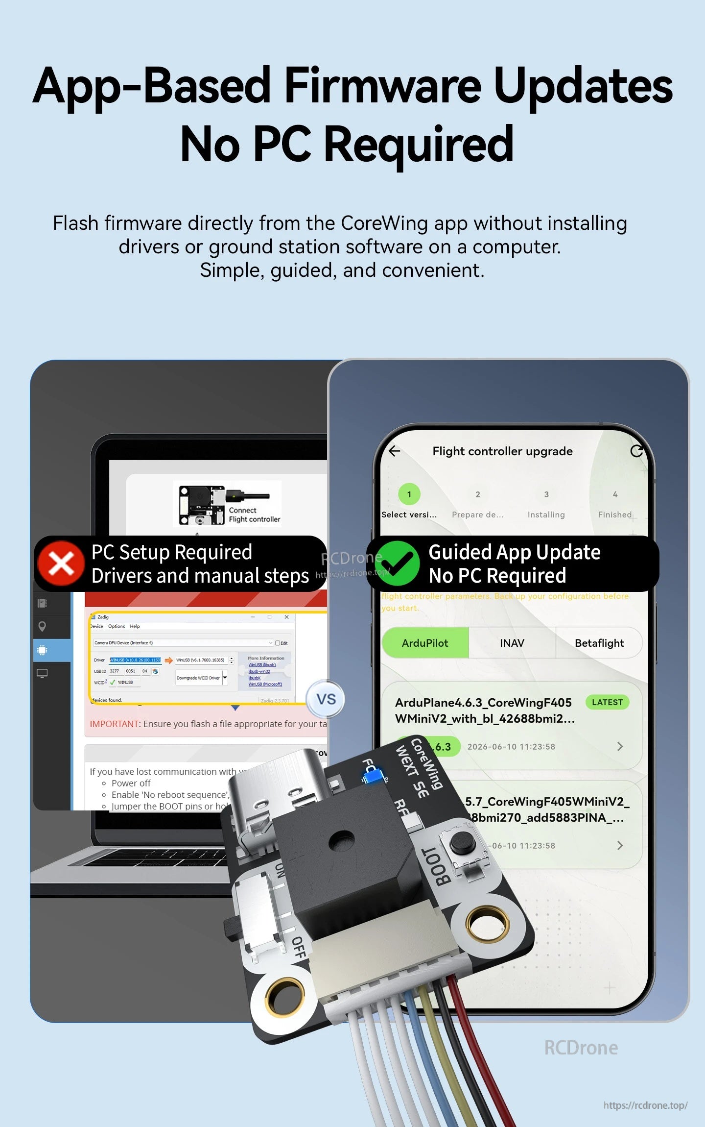 CoreWing app firmware update screen compared with computer-based setup