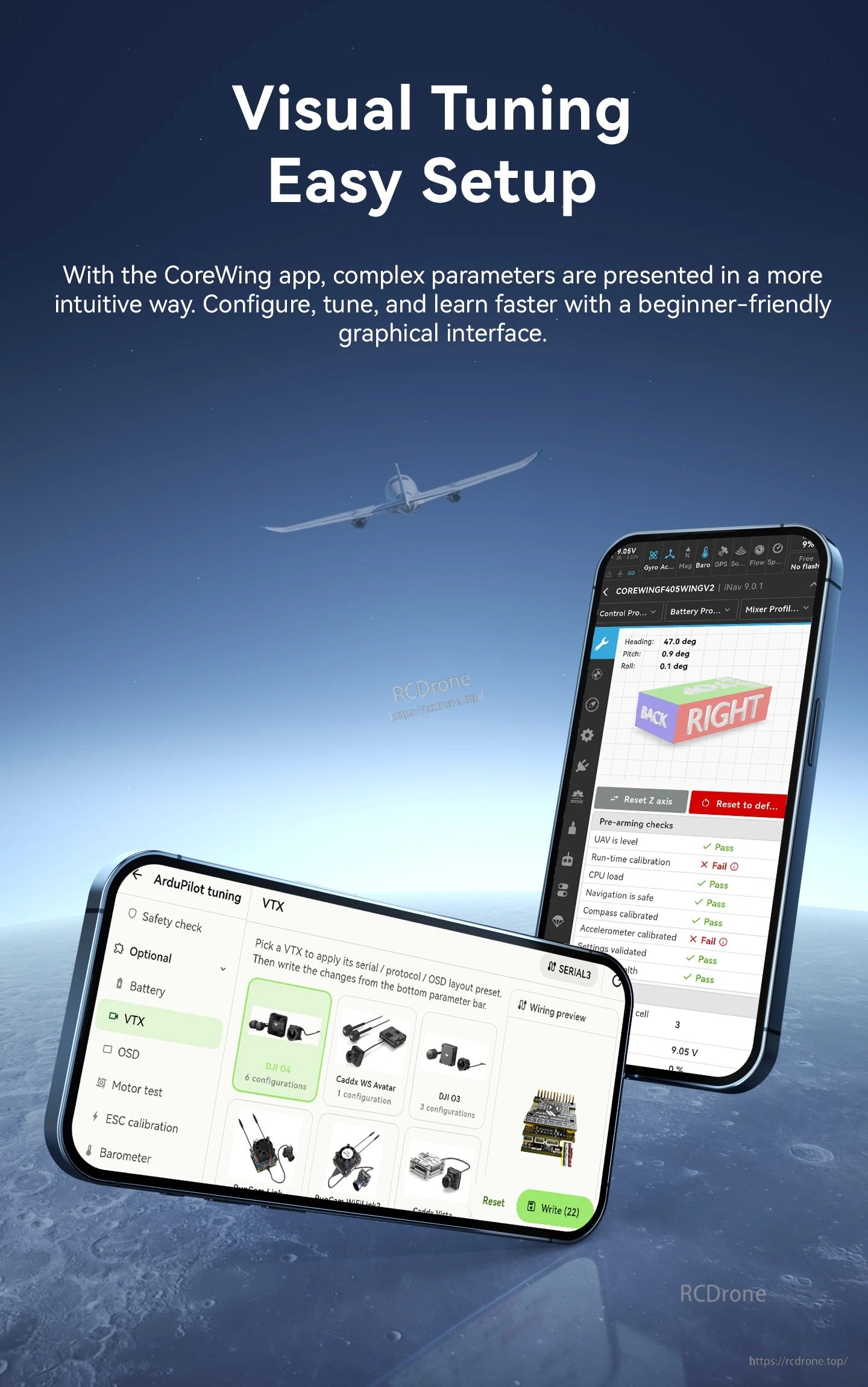 CoreWing app visual tuning interface displayed on mobile phone and tablet screens