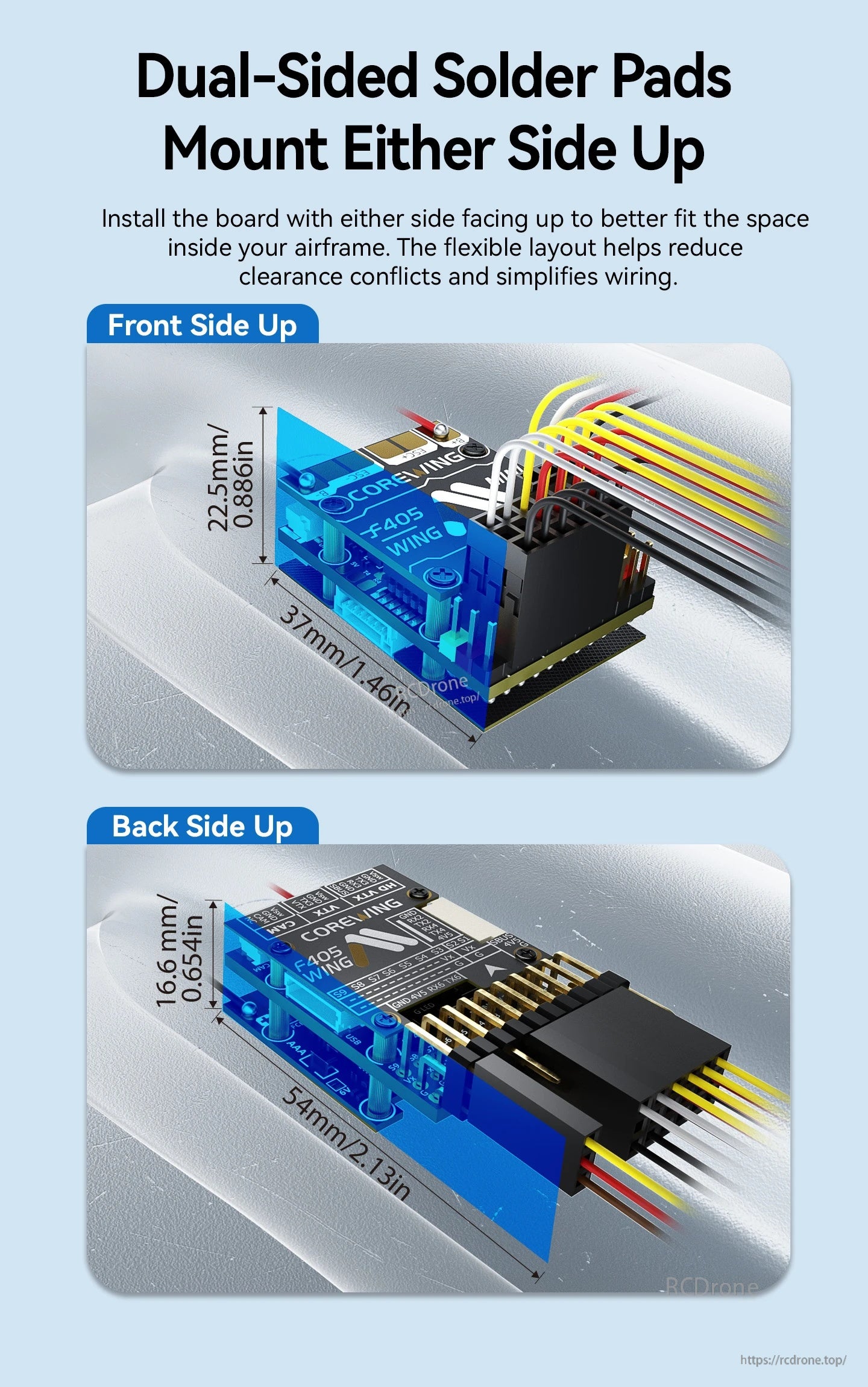 Dual-sided solder-pad installation comparison with front or back side facing upward