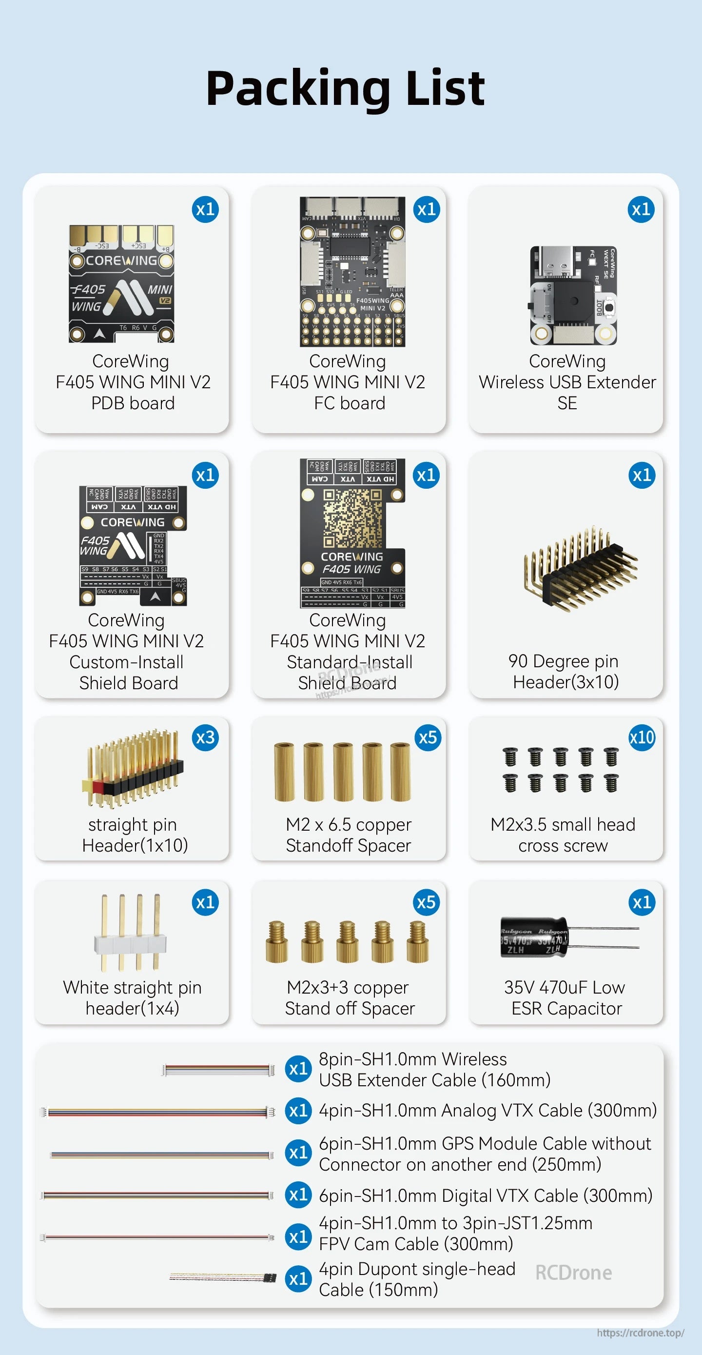 CoreWing F405 WING MINI V2 flight controller packing list with boards, pin headers, screws, standoffs, and cables