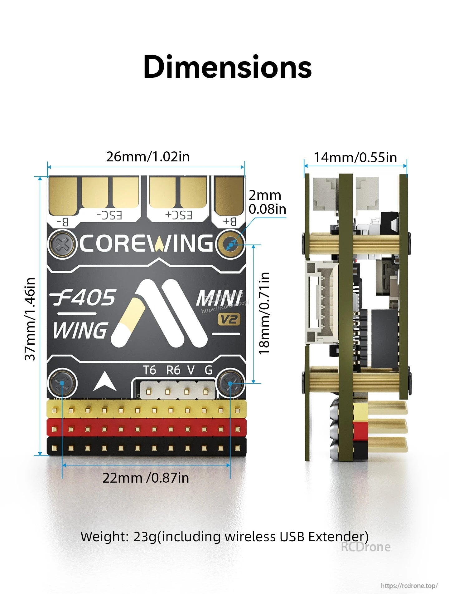 CoreWing F405 Wing Mini V2 flight controller dimensions showing 26 x 37 mm board and 18 mm stack height