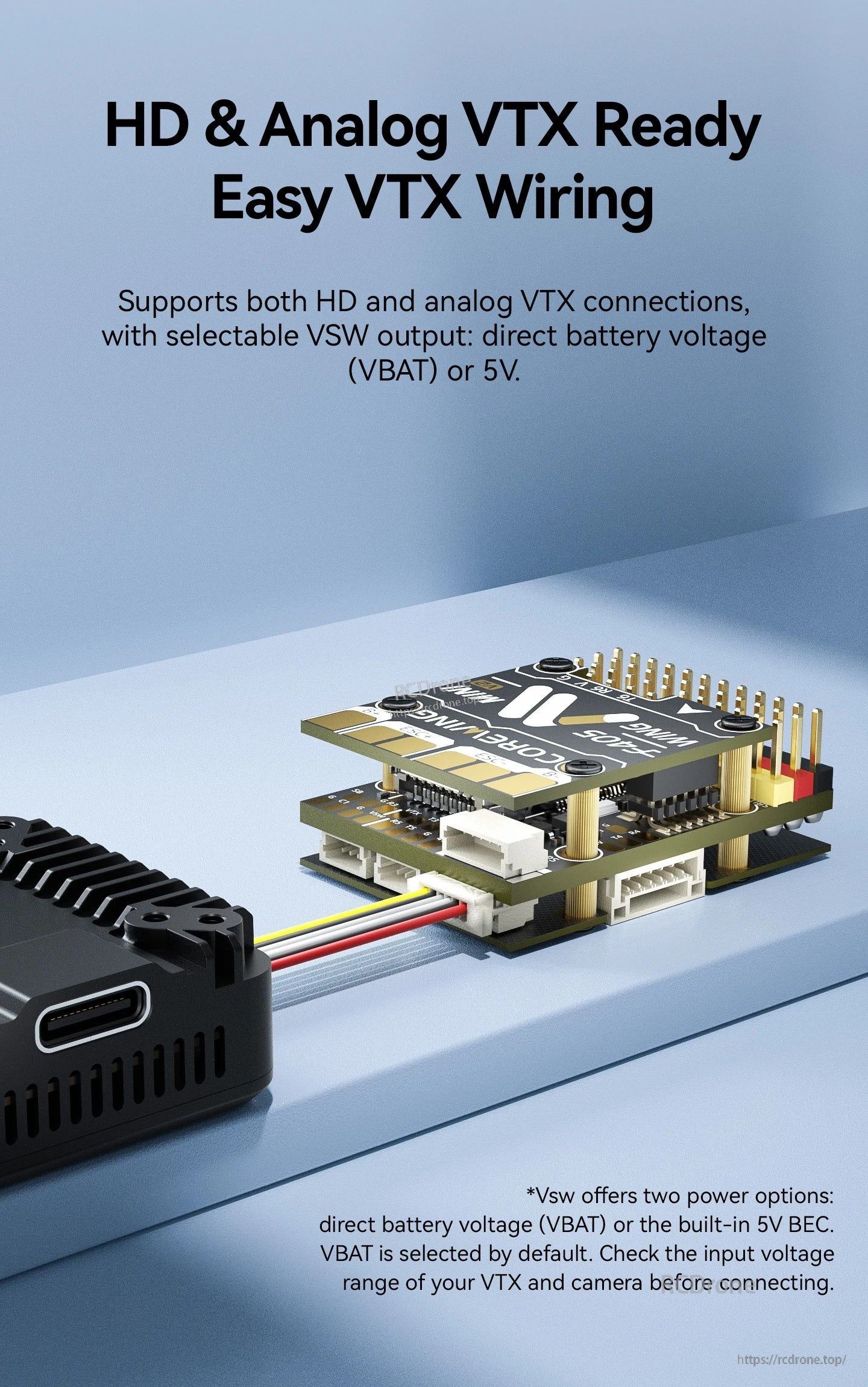 CoreWing flight controller connected for HD or analog VTX with selectable VBAT or 5V VSW output