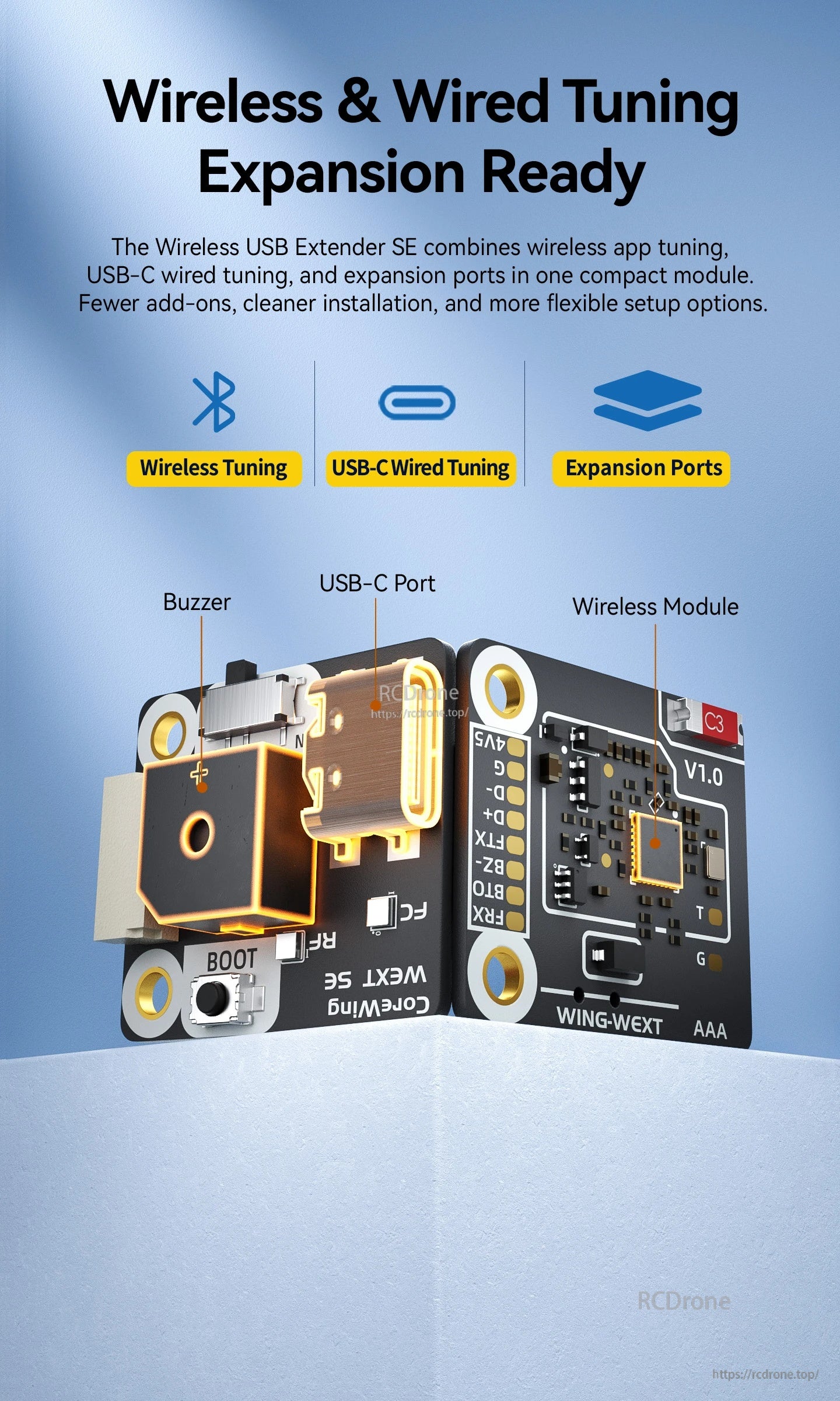 Wireless USB Extender SE module with buzzer, USB-C port, and expansion connections