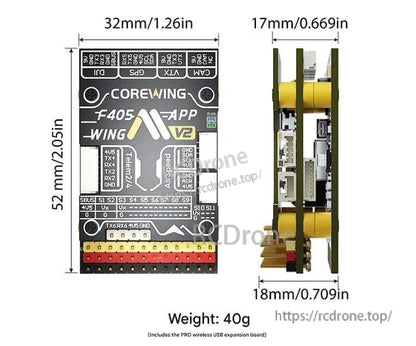 CoreWing F405 Wing V2 Flight Controller dimensions: 32 x 52 x 18 mm, 40 g