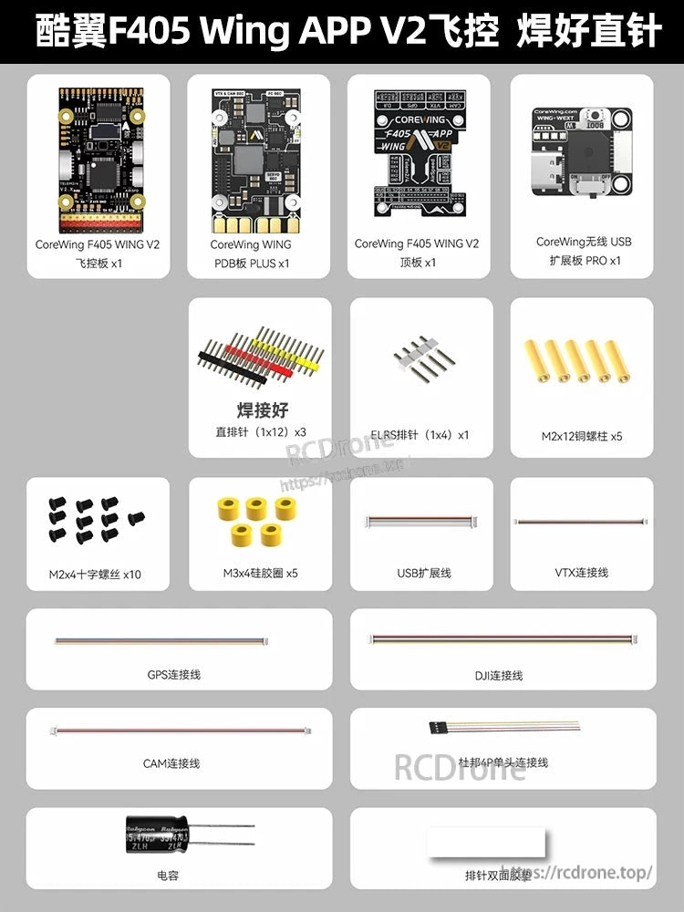 Package contents chart with F405 Wing controller, USB board, connectors, cables, and hardware