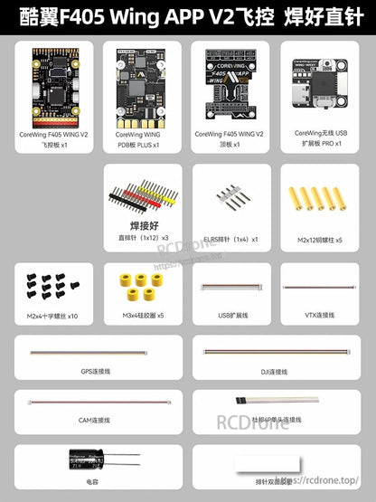 Package contents chart with F405 Wing controller, USB board, connectors, cables, and hardware