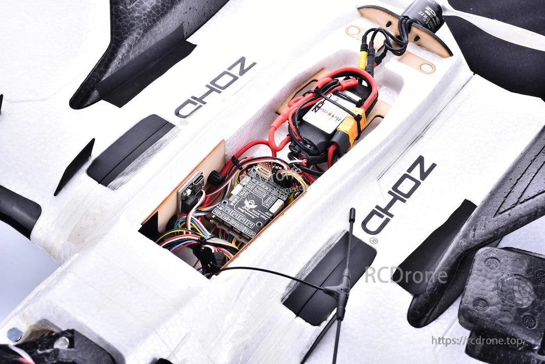 Fixed-wing aircraft installation view with the flight controller mounted in the fuselage