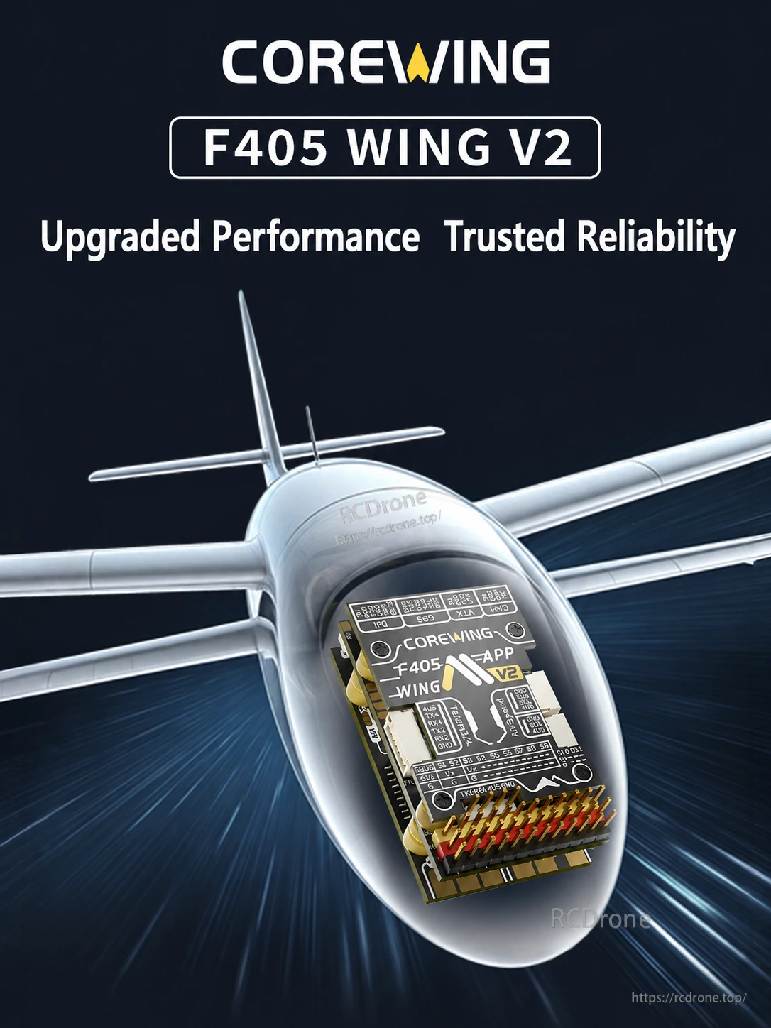 CoreWing F405 Wing V2 Flight Controller installed in a fixed-wing RC aircraft