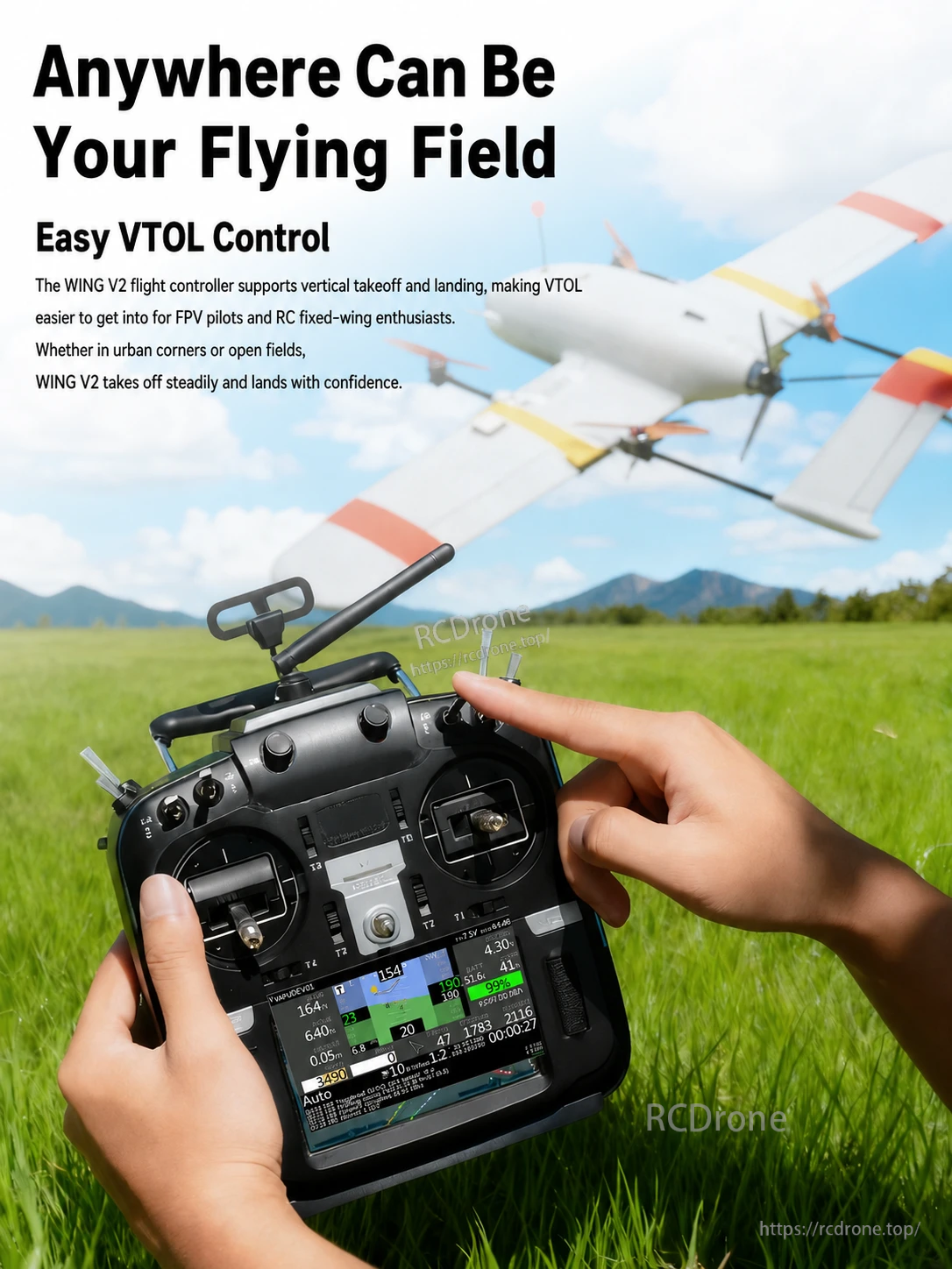 Radio transmitter control illustration for a fixed-wing aircraft flying in an open field