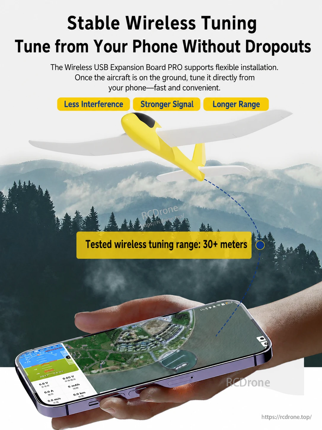 Phone-based wireless tuning illustration with a fixed-wing aircraft and 30-plus-meter range