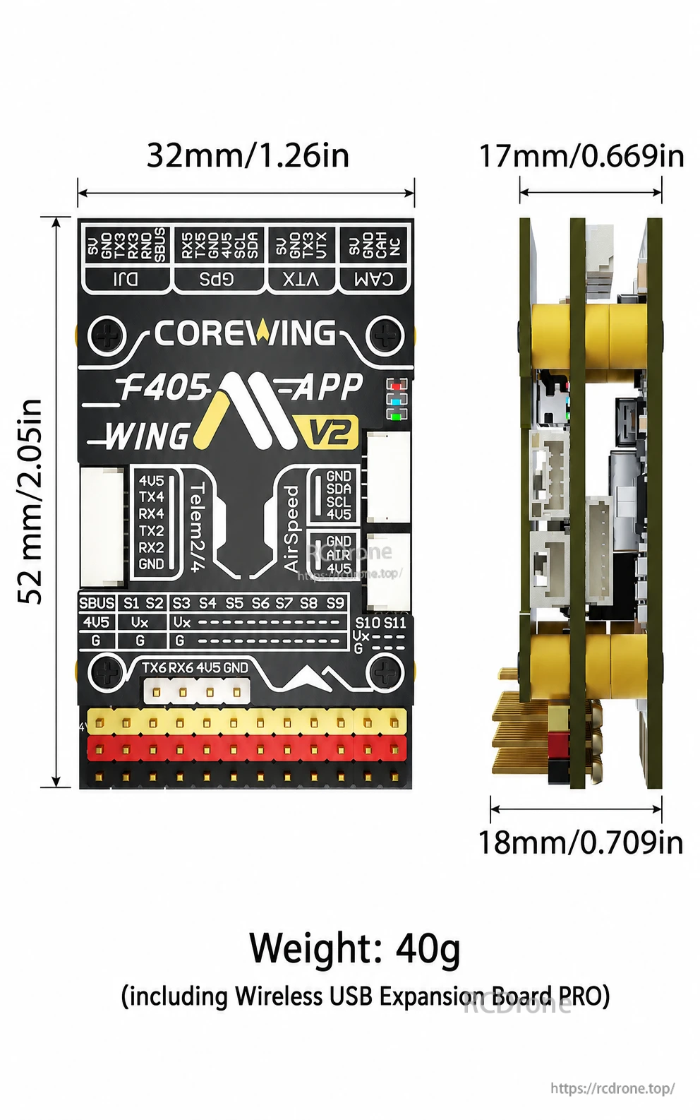 CoreWing F405 Wing V2 flight controller with 32 x 52 mm board layout, pin headers, and USB expansion board