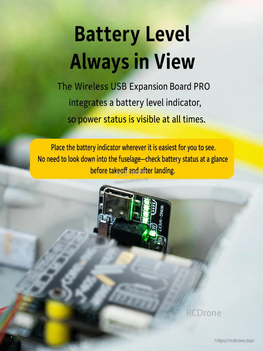 Wireless battery-level indicator module installed inside an RC aircraft fuselage