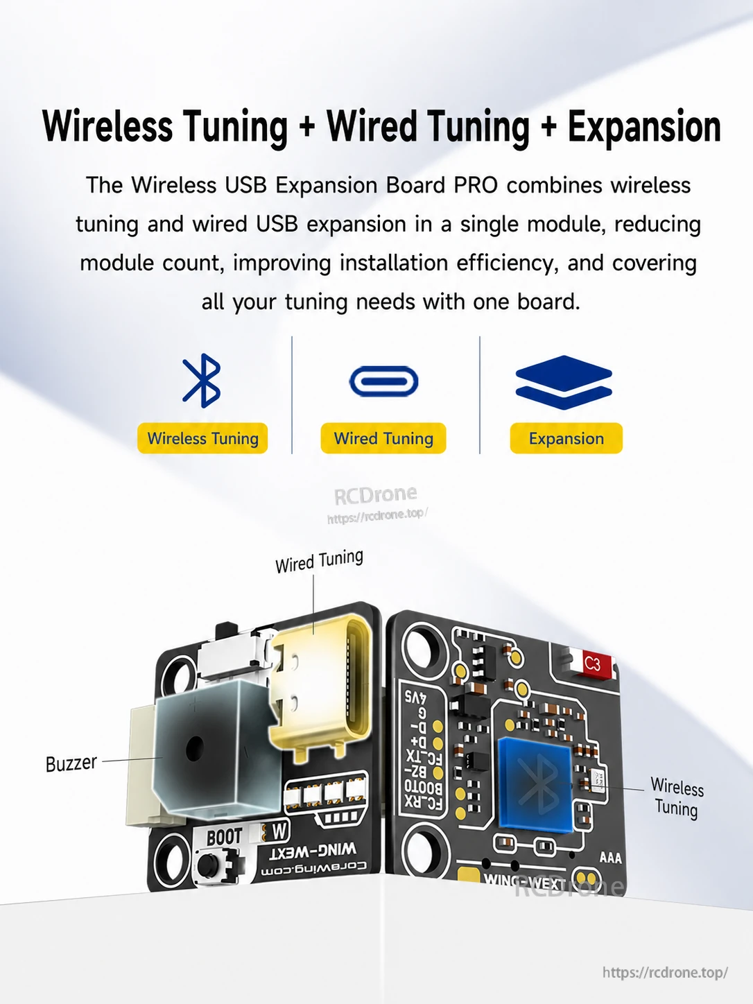 Wireless USB Expansion Board PRO connected to the flight controller for tuning