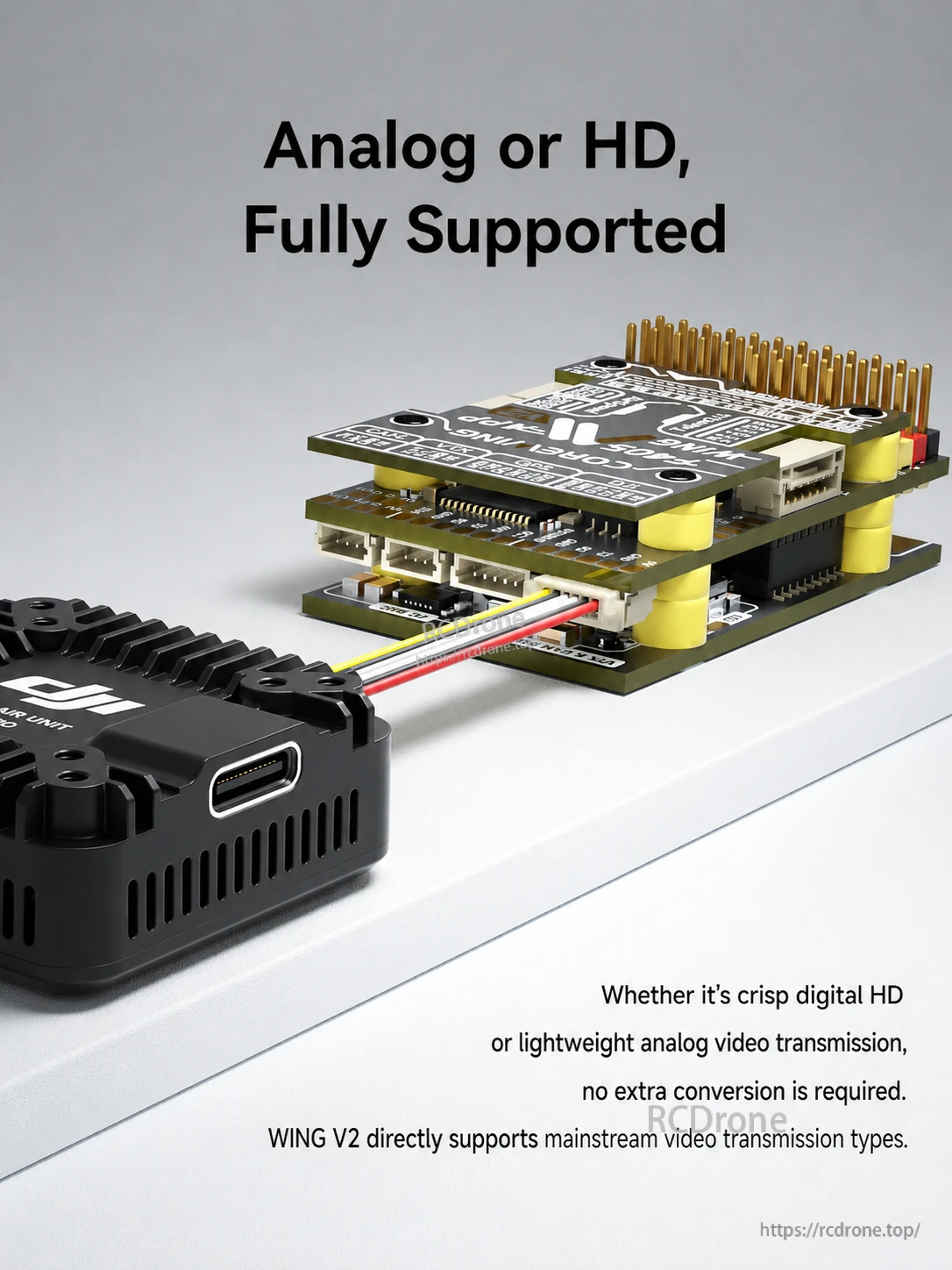 Layered flight-controller assembly connected to an HD video transmitter module