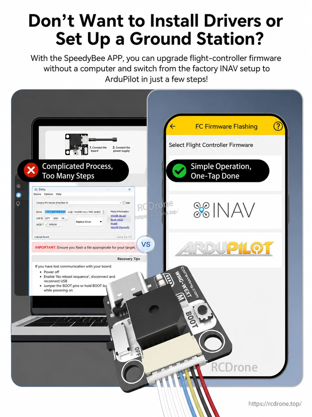 Firmware flashing workflow comparing desktop setup with mobile INAV and ArduPilot options
