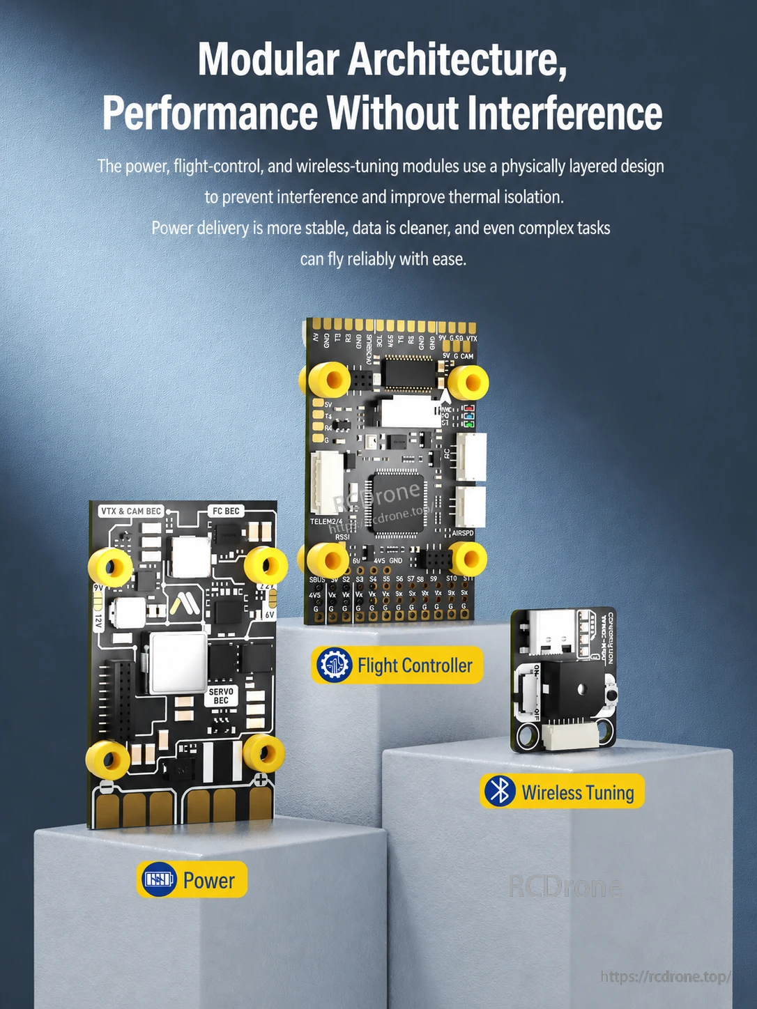 Modular power, flight-control, and wireless-tuning boards with isolation mounting layout