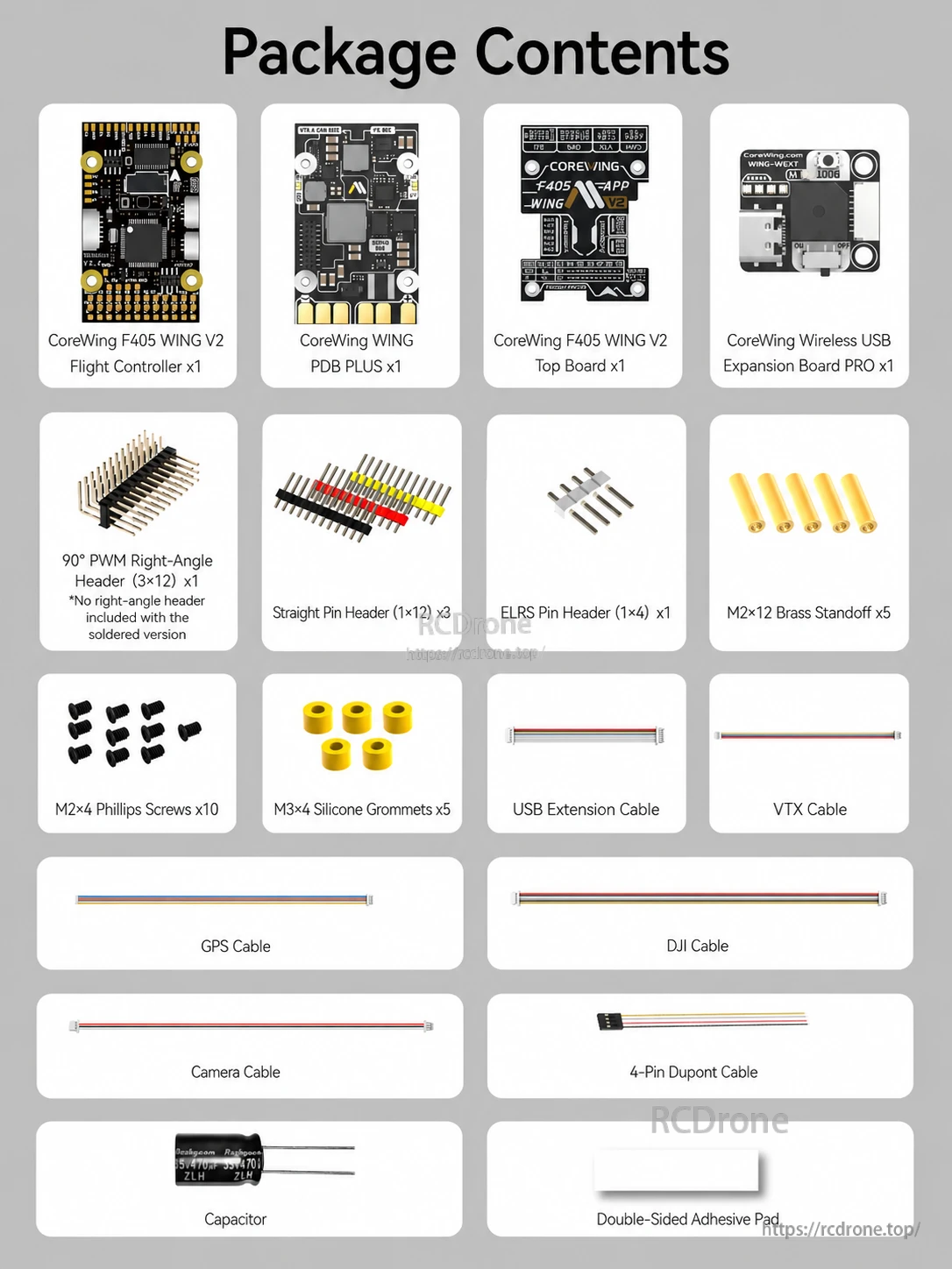 CoreWing F405 Wing V2 flight controller package with PMU, USB expansion board, cables, headers and mounting hardware