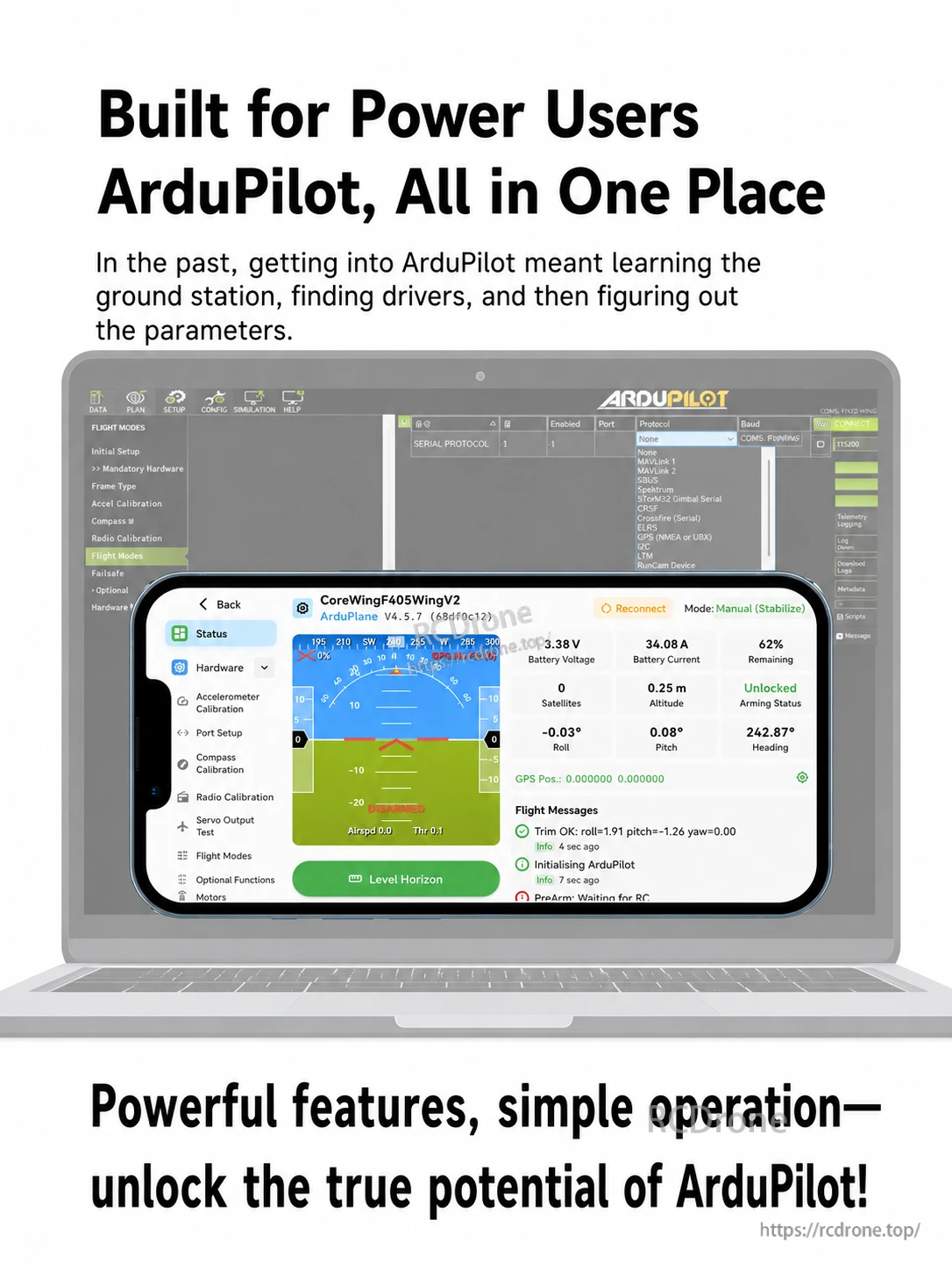 ArduPilot configuration interface displayed on laptop and smartphone screens