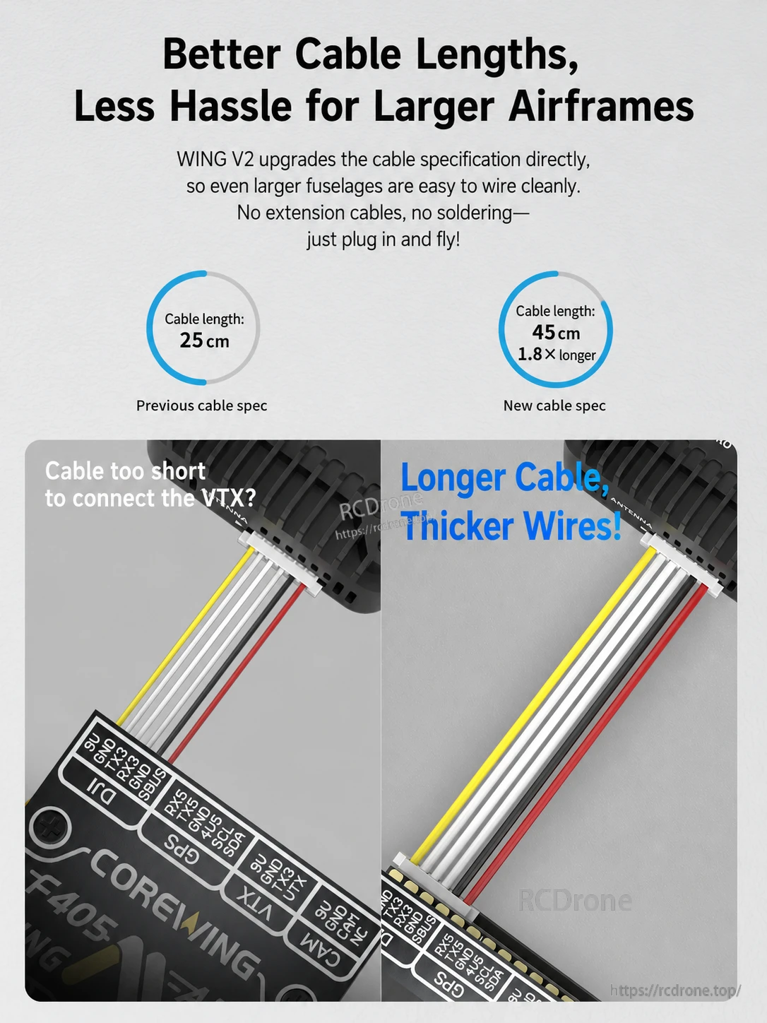 Comparison of previous and longer V2 cables for connecting a VTX in larger airframes
