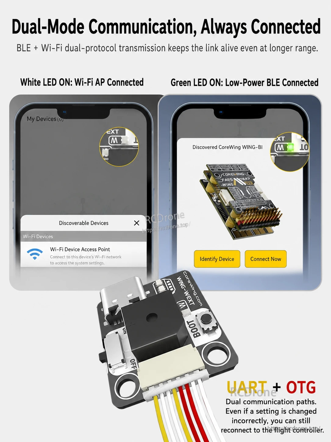 Wi-Fi and Bluetooth Low Energy connection status screens for wireless controller access