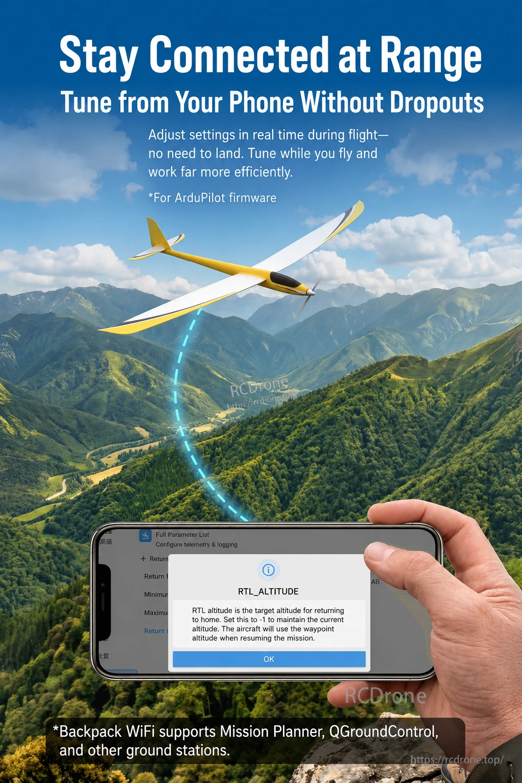 Backpack WiFi connection for tuning a fixed-wing aircraft with ground-station software