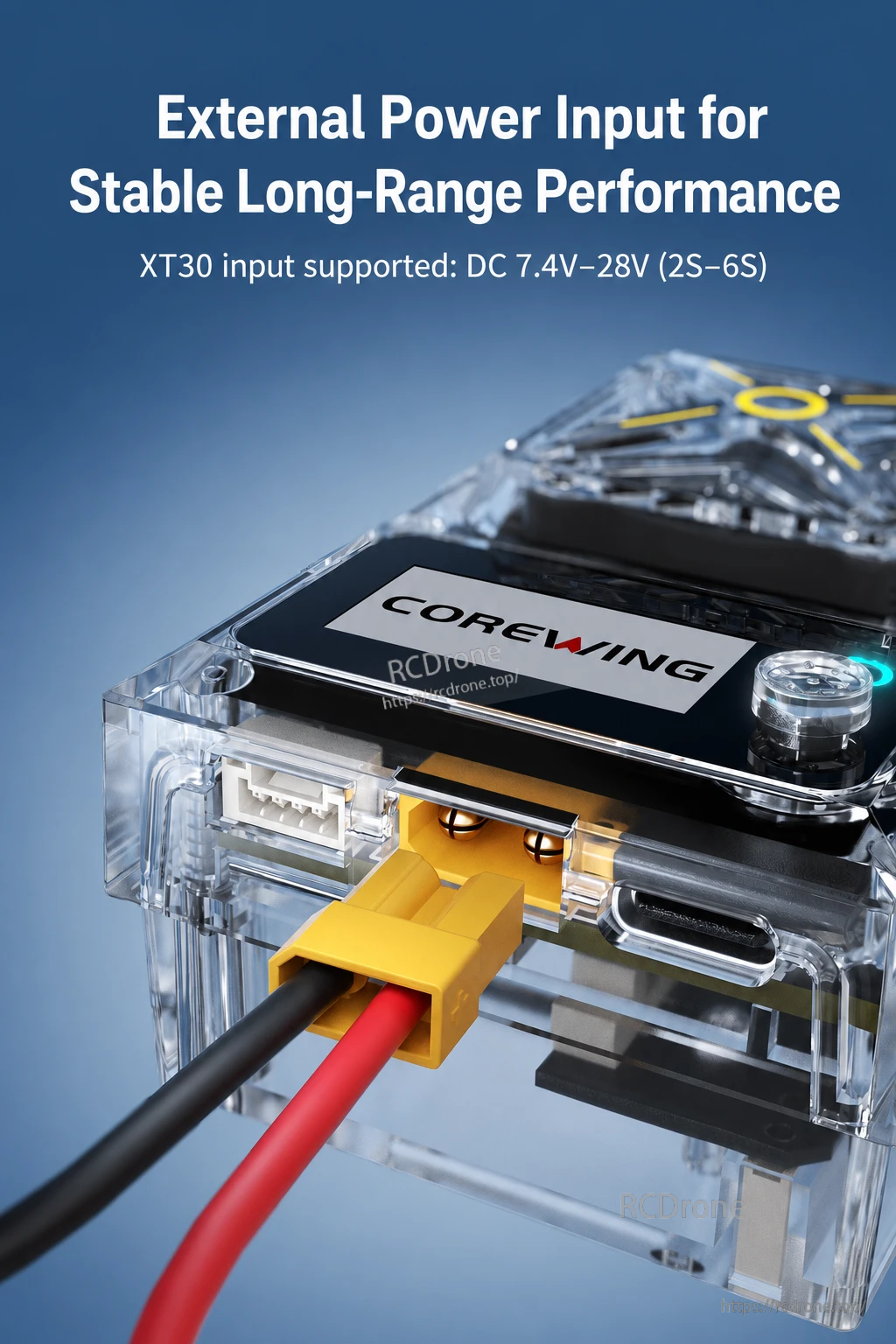 XT30 external power input on the transmitter module for 7.4V to 28V power