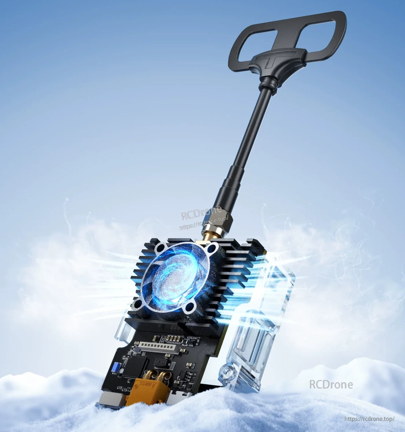 CoreWing transmitter module angled promotional render with heatsink, circuit board and loop antenna