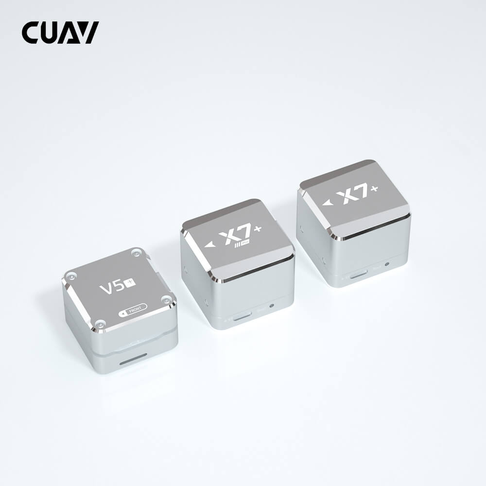 CUAV X7+ core flight controller modules in silver metal cases, with two X7+ units and a V5+ unit