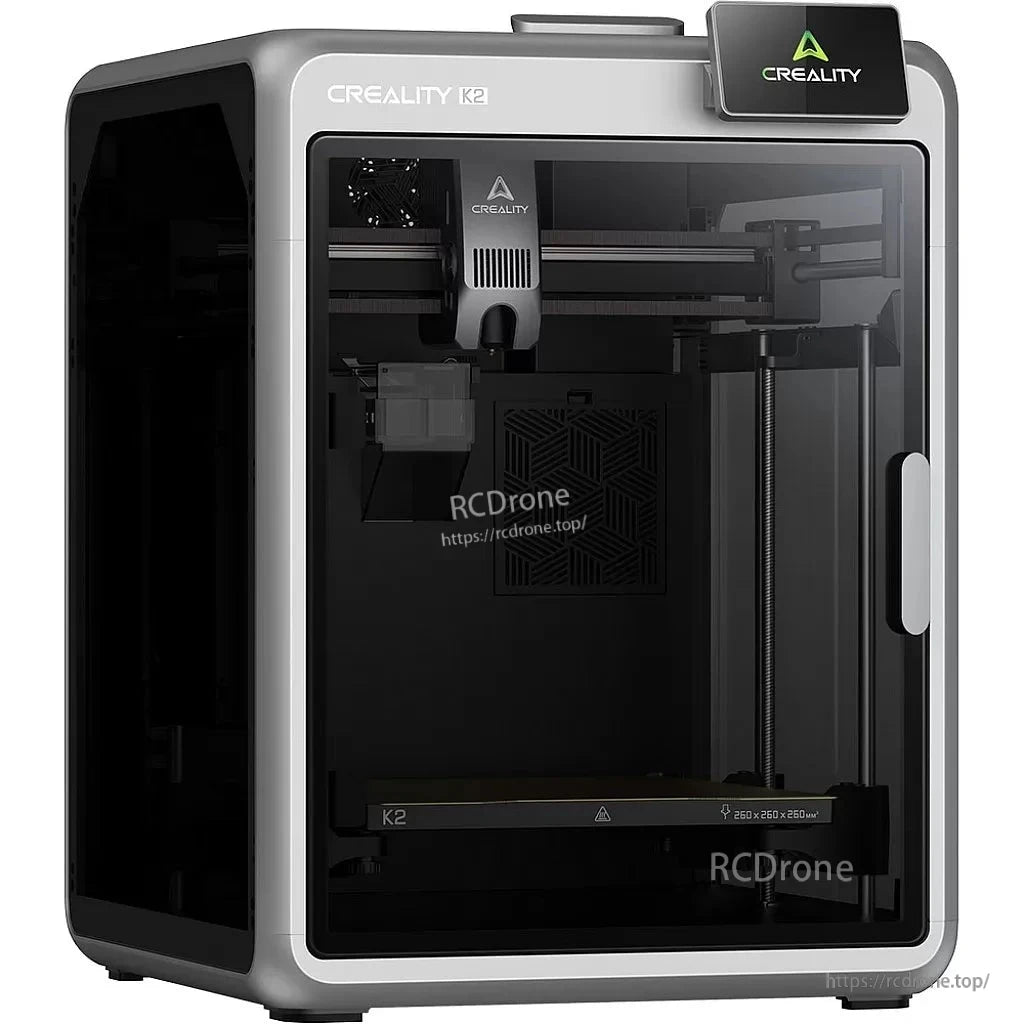 Creality K2 Combo 3D Printer angled front view with enclosed cabinet and tinted front door