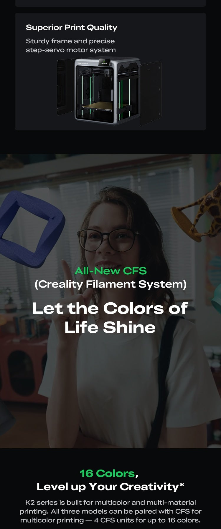 Creality CFS filament system promo graphic emphasizing up to 16 colors with multiple CFS units