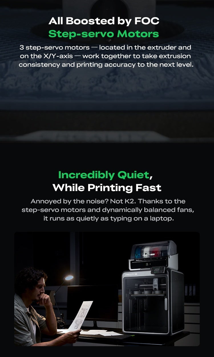 FOC step-servo motor system and quiet printing message with K2 printer on a desk at night