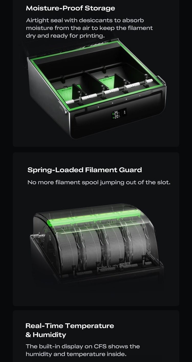 CFS airtight moisture-proof storage with spring-loaded filament guards and onboard temperature/humidity readout