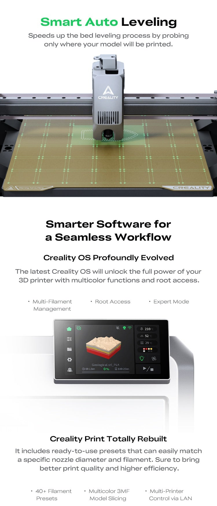Smart auto leveling grid on the print bed and CrealityOS workflow screen with multi-filament management options