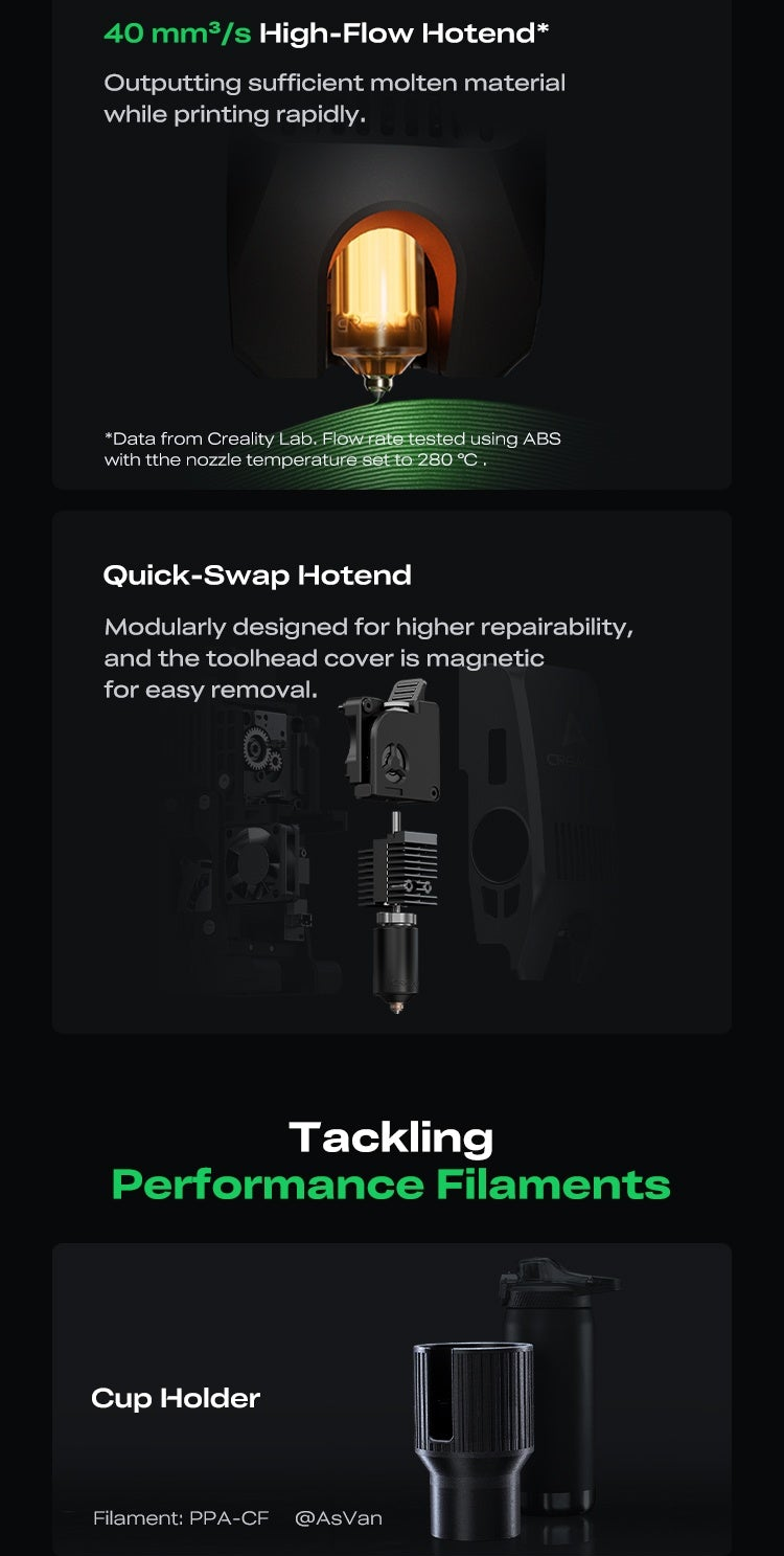 40 mm³/s high-flow hotend and quick-swap modular hotend design with magnetic toolhead cover
