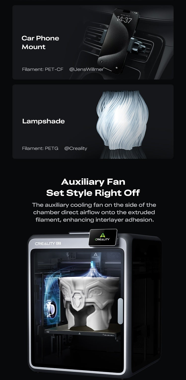 Auxiliary cooling fan concept and printed examples like car phone mount and lampshade on the K2