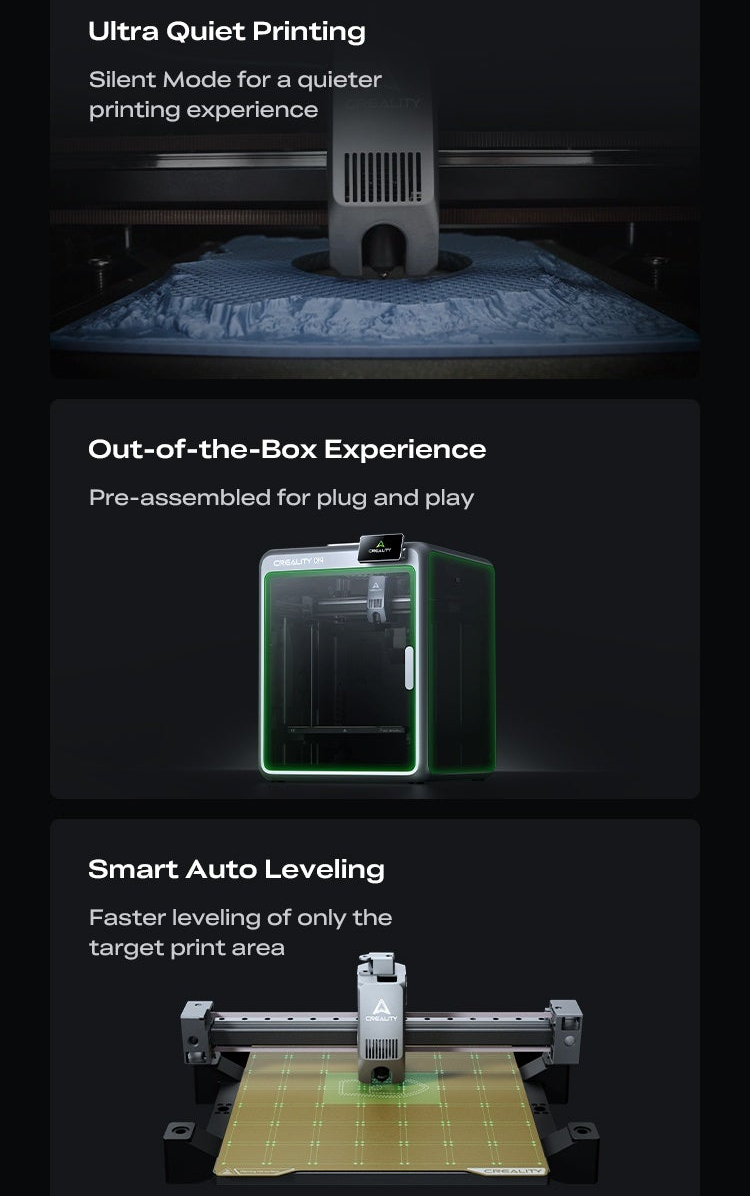 K2 series features highlight: quiet printing, pre-assembled setup, and smart auto leveling on the build plate