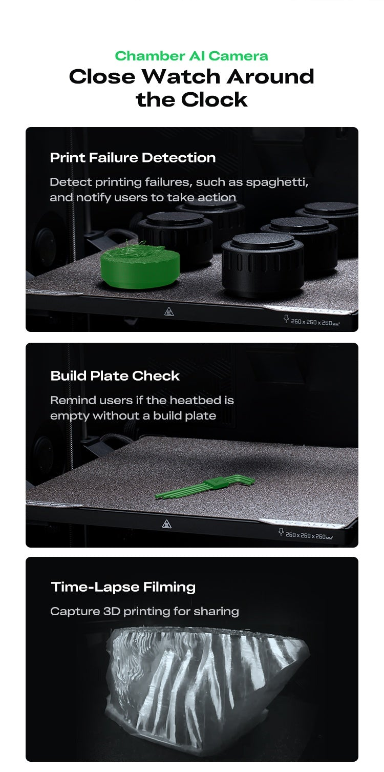 Chamber AI camera features: print failure detection, build plate check, and timelapse recording screens