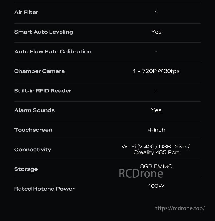 Creality K2 Combo 3D printer spec list showing smart auto leveling, 720p camera, 4-inch touchscreen and Wi‑Fi